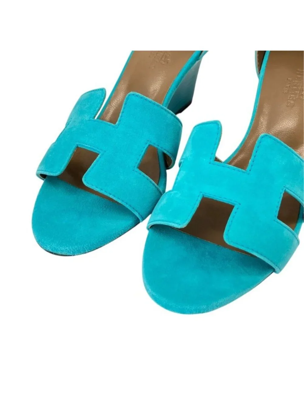 Hermes Legend H Motif Wedge Sole Sandals Turquoise Blue